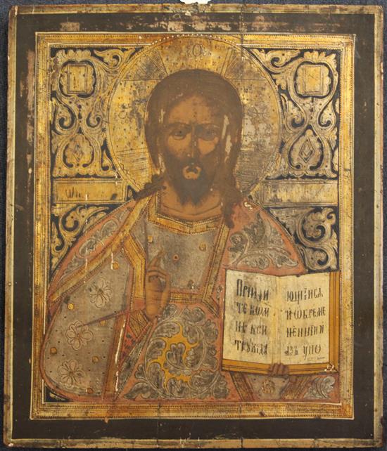 19th century Russian School Icon of Christ Pantocrator, 17.5 x 15in., unframed